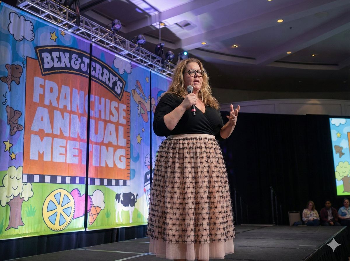 Ingrid Schneider keynoting at Ben & Jerry's Franchise Annual Meeting